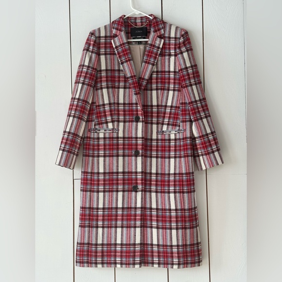J. Crew Alfie Topcoat in Vintage Plaid Italian Wool Ivory Red Sz 6 - Picture 3 of 13
